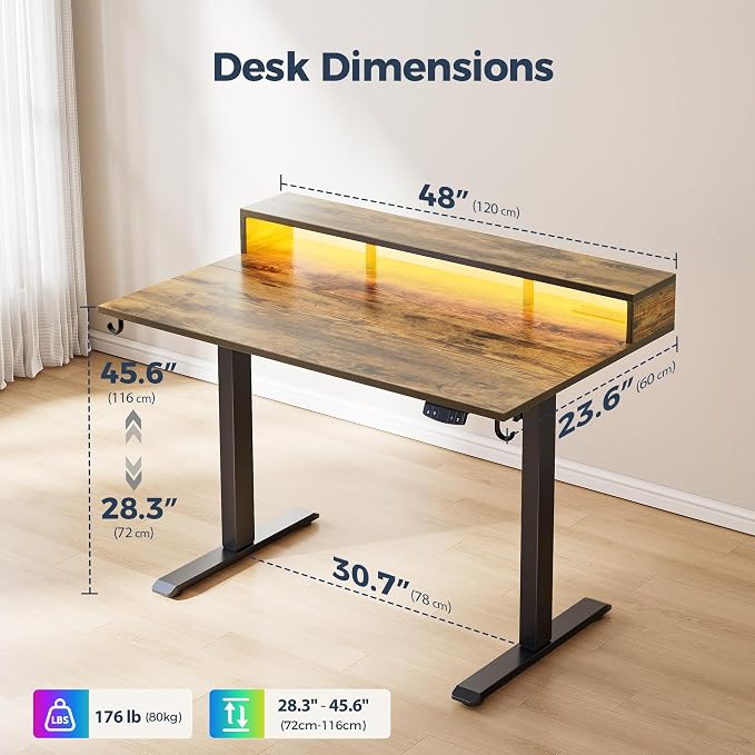 Klicelor Electric Standing Desk with Shelf, 48 Inch Height Adjustable Desk with Power Outlets & LED, Sit Stand Up Table with Monitor Stand, Computer Workstation for Home Office, Rustic Brown