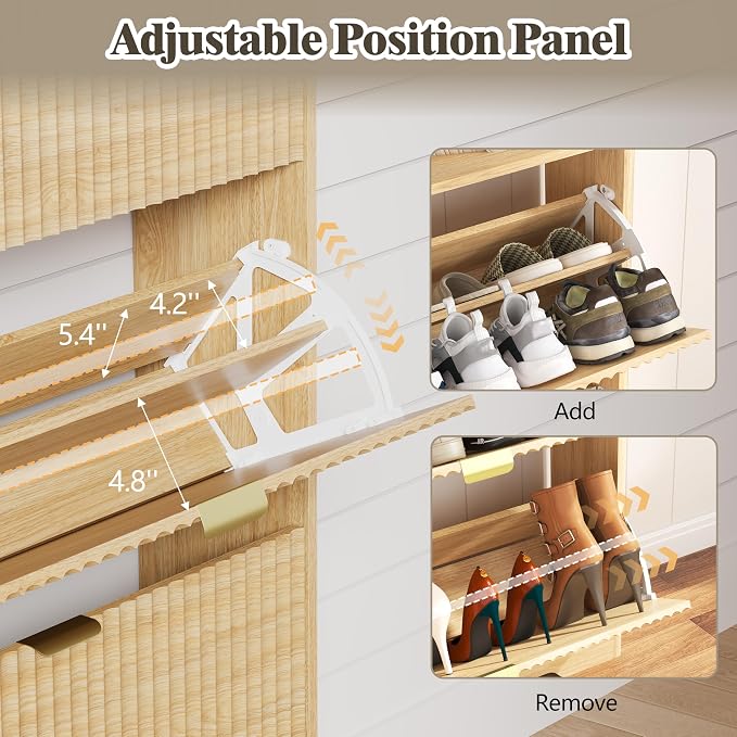 HUANLEGO Shoe Cabinet Storage for Entryway with 2 Flip Drawers, Fluted Narrow Shoe Organizer with Wooden Legs, Freestanding Slim Shoe Storage Hidden Shoe Rack Organizer for Front Door Entrance, Oak