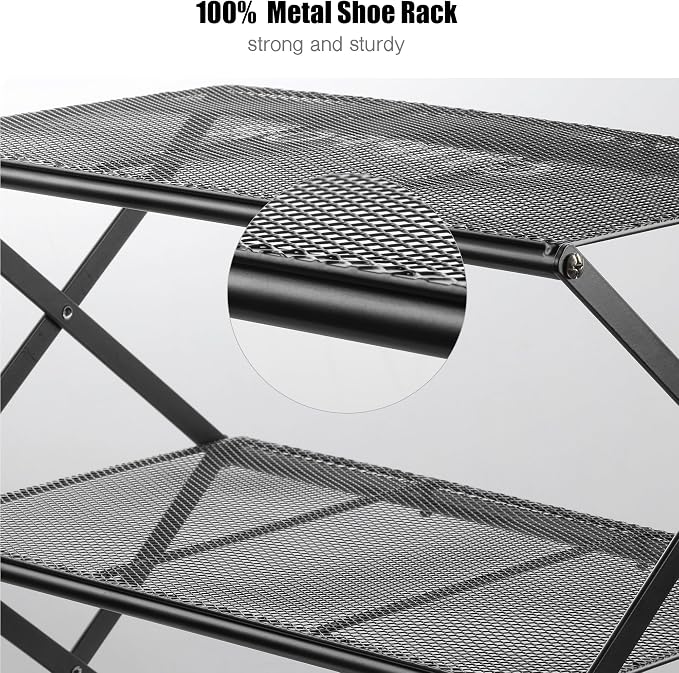 Shoe Rack for Entryway 4 Tier Foldable Shoe Rack Without Assembly Collapsible Metal Shoe Organizer Folding Shoe Storage Rack for Door, Living Room, Black