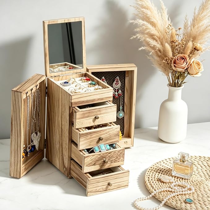 GUOER Jewelry Box for Women, 5-Layer Wooden Jewelry Organizer with Mirror | 4 Drawers & Side Doors for Necklaces, Rings, Earrings, Unfinished Rustic Torched Wood