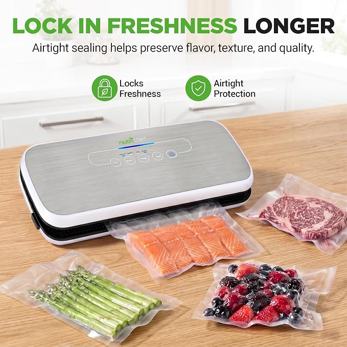 NutriChef Automatic Vacuum Air Sealing System for Food Preservation with Starter Kit, Compact Design, Lab Tested, Dry & Moist Food Modes with Led Indicator Lights, Silver