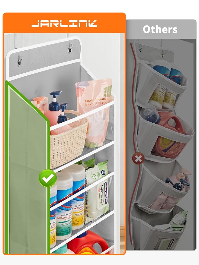 JARLINK Over The Door Toy Storage Organizer w/Clear Window, Light Grey | Anti-Tilt 44 lb Load Capacity, Baby Toy Storage Organizer for Stuffed Animals, Nursery, Kid Bedroom, Newborn Baby Essentials