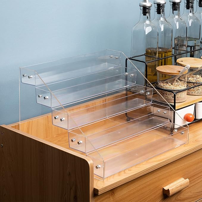 Tiered Spice Rack Acrylic, Spice Rack Shelf Seasoning Organizer | for Countertop, Cabinet, Pantry, Kitchen Storage - 5 Tier