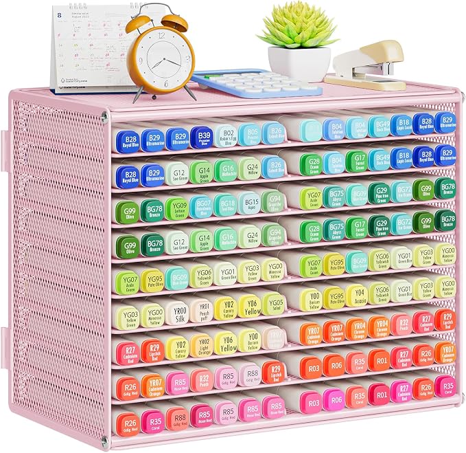 Marbrasse Mesh Marker Organizer, 9-Tier Rack Holds 126 Markers, Pink | Marker Holder, Space-saving Vertical Design, Desktop Storage for Office Classroom & Home Art Supplies