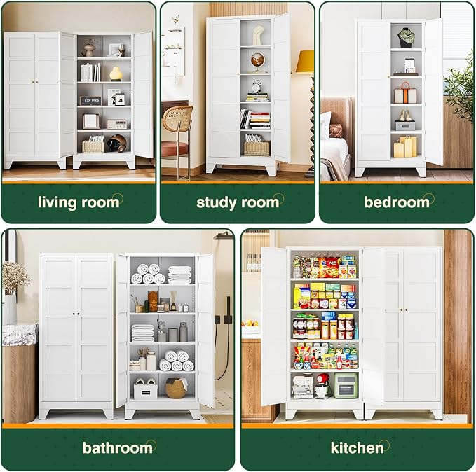 Letaya 71" H Metal Storage Cabinet with 2 Doors and 4 Shelves,Tall Kitchen Pantry Cabinets,Utility Pantry Organizers for Cupboard/Dining/Bathroom/Home Office/Garage (White, 71" H x 16" D x 32" W)