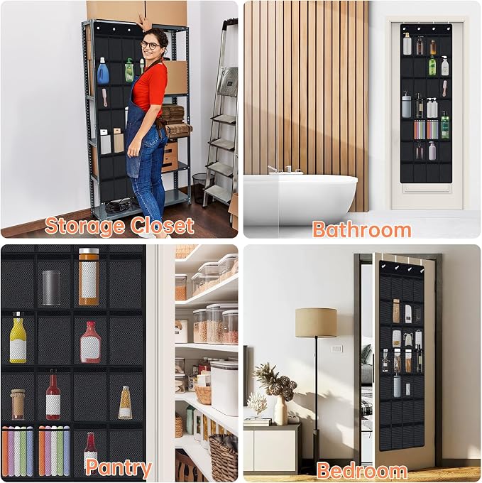 NiHome 28 Pockets Door Hanging Cup Organizer Fit for Stanley Tumbler, Black | Large Capacity Over the Door Water Bottle Organizer, Space-Saving Elastic Mesh Bottle Holder for Kitchen, Pantry, Classroom