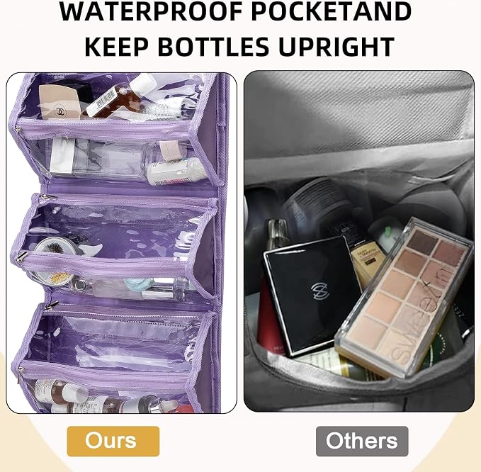 ROYALFAIR Roll Up Makeup Bag, Waterproof Toiletry Bag for Women, Hanging Travel Organizer bags with Jewelry Organizer Compartment, Extra Large 4 Clear TSA Approved Pouches Cosmetic Makeup (violet)