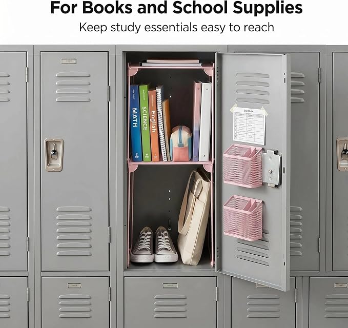 Neudeoc Locker Organizer Kit with Mesh Locker Shelf and Magnetic Pen Holders, 4-Piece Locker Accessories Set for School, Work & Gym, Foldable Stackable Metal Shelf, Fits Standard Lockers, Pink
