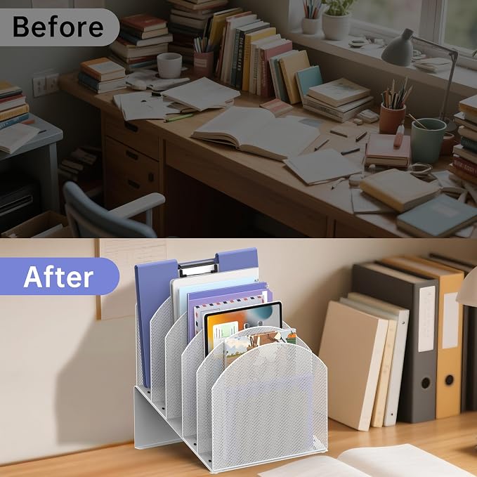 File Organizer for Desk, 5-Section Mesh Mail Holder, White | Mesh file organizer for desk, mail organizer and folder holder for A4/letter papers, notebooks, binders and office supplies