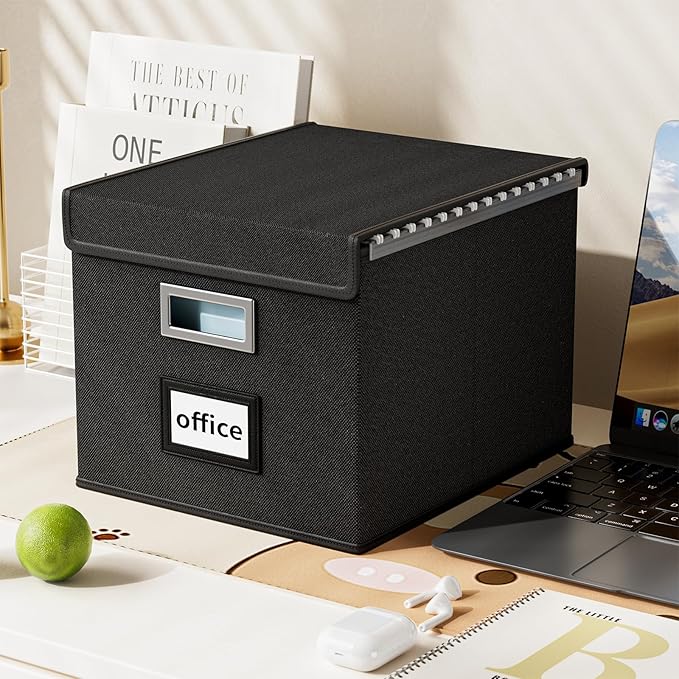 Huolewa File Organizer Box with Lid, Collapsible File Folder Organizer for Office Document Storage, Filing Box with Plastic Slide for Letter Size Hanging File Folders(1 Pack, Black)