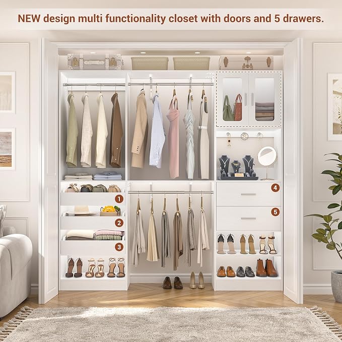 6.7FT-10FT Closet System Set with Half-Open Drawers, 80.5''-120" Wooden Modular Wardrobe Set with Shelving Towers, 80'' Height Closet Organizer with Hanging Rods and 2 Big Wing Shelves, White