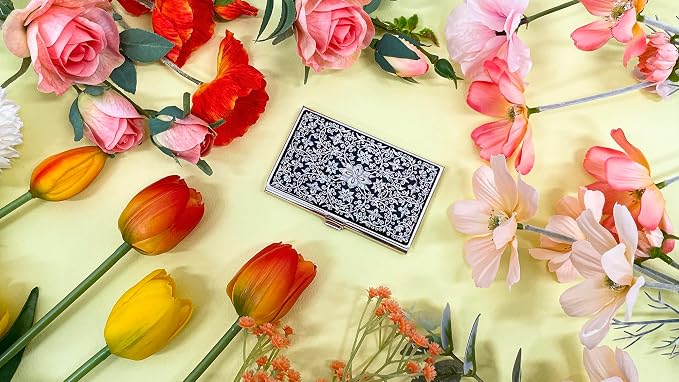 Mother of Pearl Business Card Case Credit Id Name Holder Travel Wallet Art Painting Design Metal Stainless Steel Engraved Slim Purse Pocket Cash Money Wallet (Arabesque)