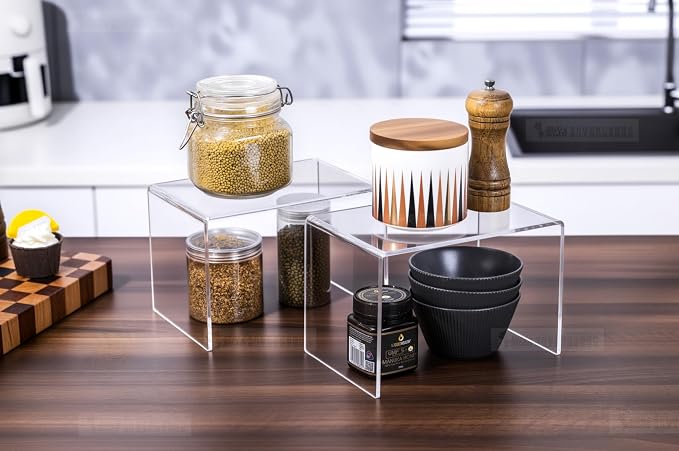 CLAY TONIC 2-PC Large Clear 5MM Thick Acrylic Display Risers, 9x6x6 Inch | Kitchen Organizer and Storage,Display Food, Pantry Cabinet Shelf, Retail Display