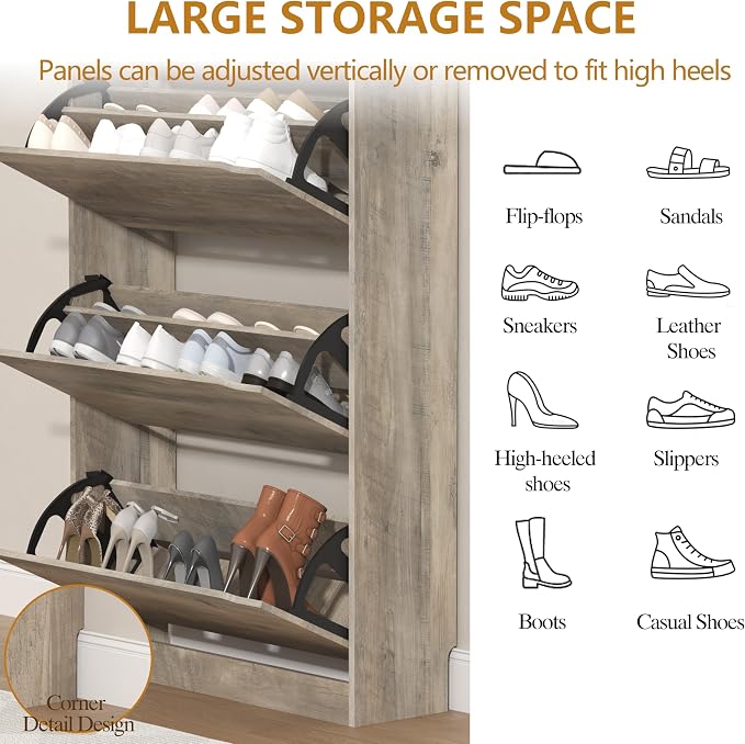 Wodeer Narrow Shoe Cabinet for Entryway, Slim Shoe Storage Cabinet with 3 Flip Drawers, Hidden Wood Shoe Cabinet Storage, Freestanding Shoe Rack Organizer Foyer, Hallway, Grey