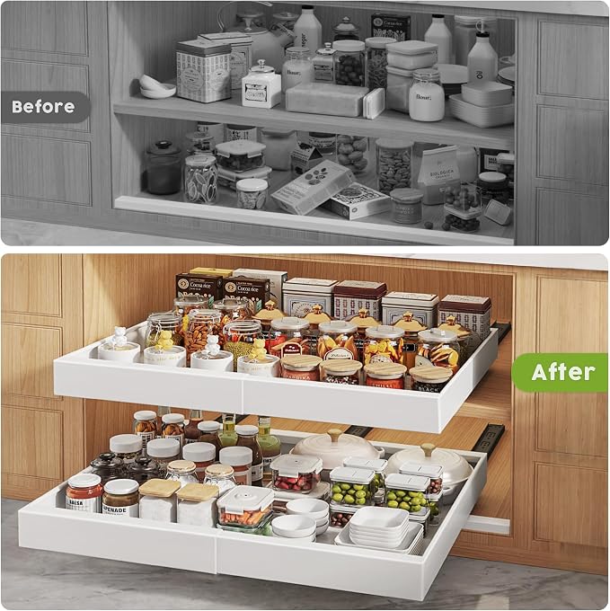 Seinloes 2 Pack Pull Out Cabinet Organizers 21" Deep With Raising Pad for Framed Cabinets, Expandable Width (15.2"-26.3") Slide Out Drawers Upgrade 3 Slide Rails, Roll Out Shelves Adhesive, White