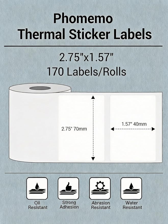 Phomemo Thermal Sticker Labels- 2.75"x1.57"(70x40mm) Thermal Label for M221/M220/M250/M260, for Barcode/Address/Mailing/Logo/Business/Home Tag, Black on White, 1 Roll, 170 PCS