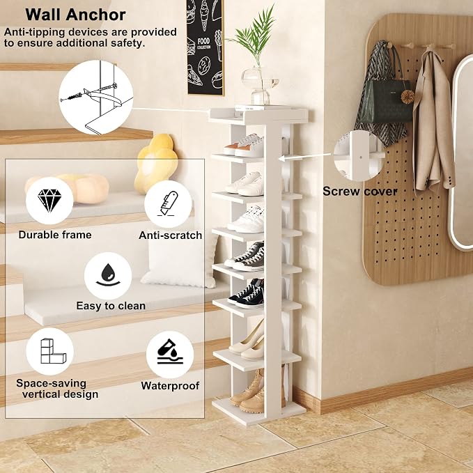 HOMEFORT 7-Tier Wood Shoe Rack, Entryway Shoe Tower,Vertical Shoe Organizer, Wooden Shoe Storage Stand, White