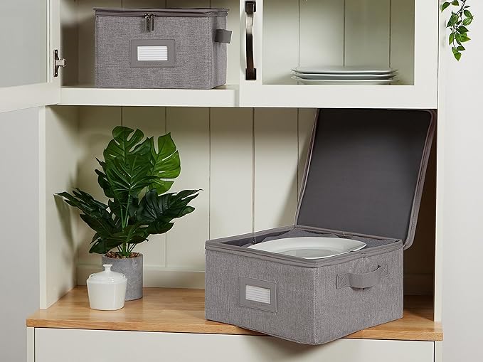Covermates Dish Storage Box Set – China & Dinner Plate Storage Containers with Felt Dividers, Dual Zippers, Reinforced Handles, ID Window & Stackable Design, Grey Heather