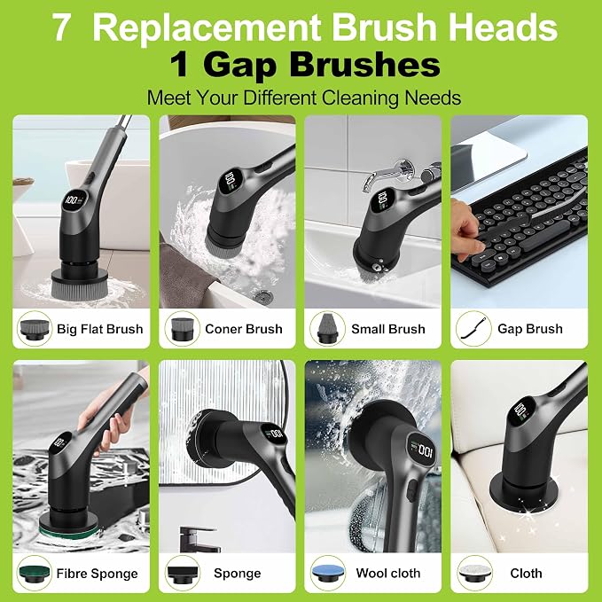 WKY-Electric Spin Scrubber - 10-in-1 Cordless Shower Scrubber & Cleaning Brush with Extendable Handle, 42 in-lbs Ultra High Torque, 2 Speeds, IPX7, LED Display, Smart AI Chip, for Bathroom, Kitchen