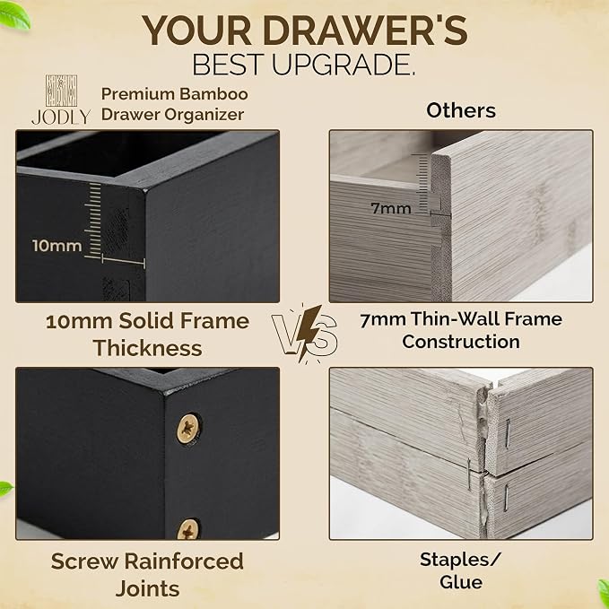 Bamboo Kitchen Utensil Drawer Organizer for Silverware | 100% Natural Expandable 14-20 Inch Kitchen Drawer Organizers for Utensils | Non-Slip Base | Screwed Joints for Long-Lasting Durability