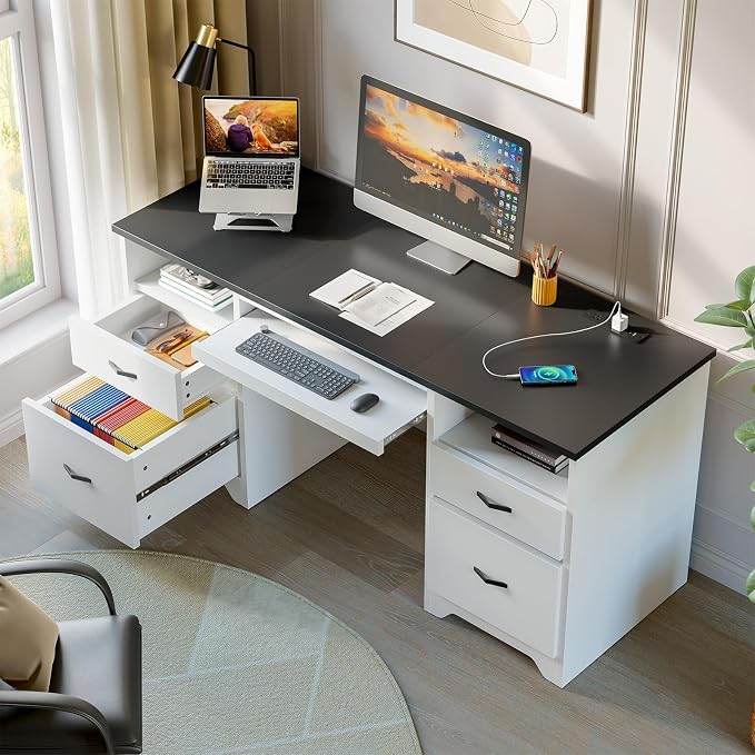 Bestier 59” Computer Desk with 4 Drawers, Charging Station, White | Office Desk with Storage, Modern Executive Desk with Keyboard Tray & Wooden Pedestals on Both Sides for Home Office & Studio