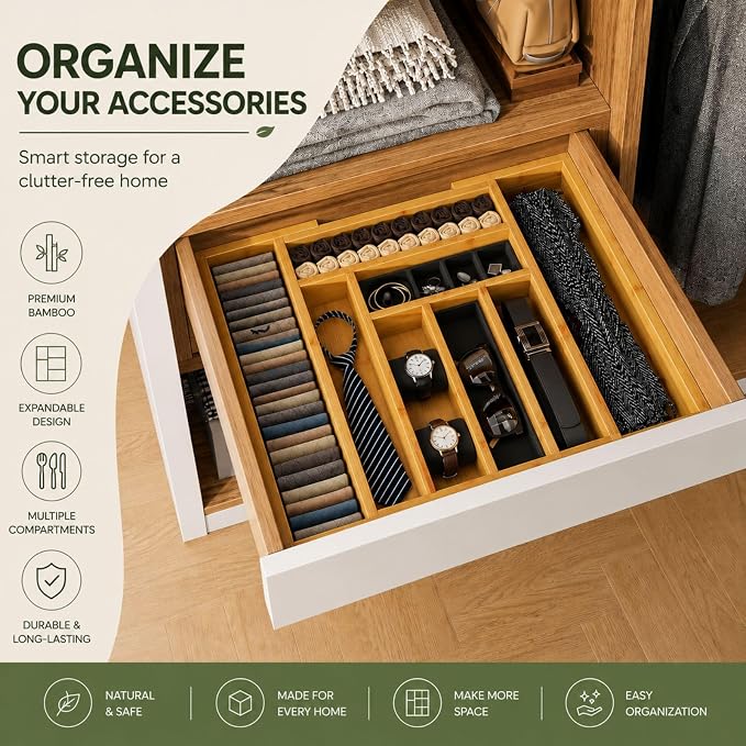 Bamboo Expandable Drawer Organizer for Utensils Holder, Adjustable Cutlery Tray, Wood Drawer Dividers Organizer for Silverware, Knives in Kitchen, Bedroom, Closet, Office, Tools