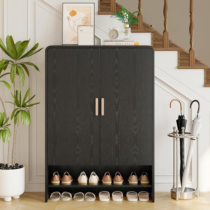 ONBRILL 6-Tier Shoe Storage Cabinet, 45'' Large Farmhouse Shoe Cabinet for Entryway, Modern Wooden Shoe Organizer Cabinets with Doors and Shelves, for Front Door Hallway (Black)