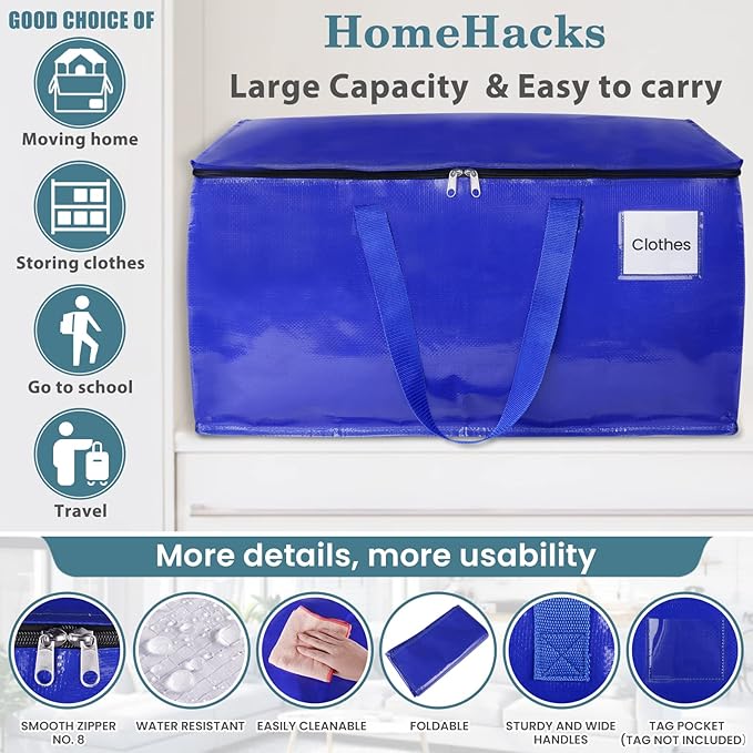 HomeHacks Moving Bags Heavy Duty with Strong Zippers and Handles Collapsible Moving Supplies, Storage Totes for Packing & Moving Storing 93L,4-Pack, Blue