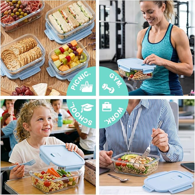 8 Pack Glass Meal Prep Containers with Lids, Glass Food Storage Containers with Snap Locking Lids, Airtight Lunch Containers for Microwave, Oven, Freezer and Dishwasher BPA Free (LightBlue)