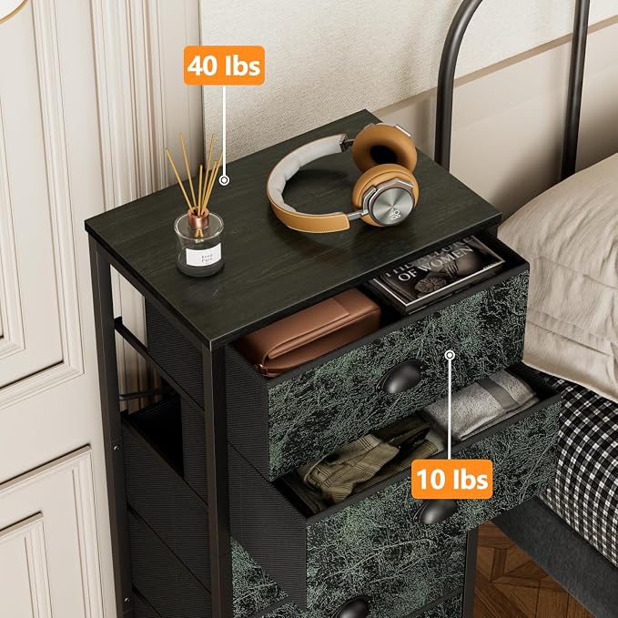 Furnulem Dresser for Bedroom, 6 Drawer Tall Storage Tower Unit and Chest | Vintage Green Fabric Drawer Organizer in Dorm, Vertical Tall Nightstand Furniture in Living Room,Closet, Metal Frame,Wood Top
