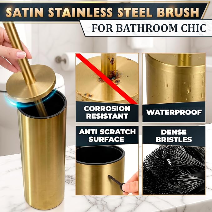 Gold Toilet Brush and Holder Set - Brushed Stainless Steel Gold Toilet Bowl Brush and Holder with Replaceable Head, Removable Inner Bowl, and Splash Protection - Dense Bristles for Thorough Cleaning