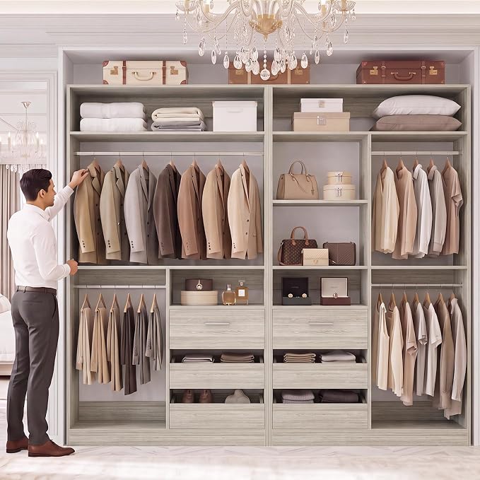iSunirm 36'' Closet System with Long Hanging Rods, 3FT Modular Closet Organizer System with 4 Shelves, Wood Walk-in Closet with Closed & 2 Half-Open Drawers, 80" H Adjustable Garment Rack, White Oak