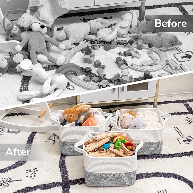 Goodpick Woven Storage Basket, Cotton Rope Baskets for Organizing, Closet Storage Bins with Handles, Small Laundry Basket for Clothes, Towels and Shoes, 13''x10''x9'', Gray and White