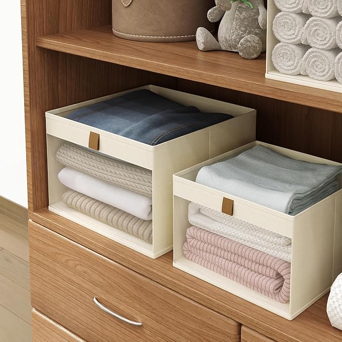 Linen Closet Organizers and Storage, Closet Storage Bins Basket Organizer, Foldable Organization Baskets with Mesh Window for Clothes Towels and Toys, 10.75" x 10.75" x 7.5", Beige, 2 pack