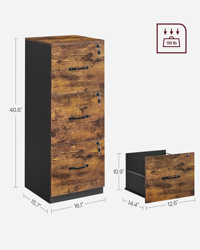 VASAGLE Custos Collection File Cabinet, 3 Drawer Filing Cabinet for Home Office, with Wheels, for A4, Letter Sized Documents, Hanging File Folders, Rustic Brown UOFC055K101S