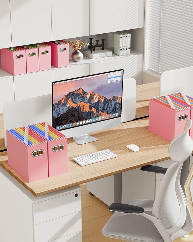 Oterri File Organizer Box, Portable Collapsible Cardboard File Folder Organizer with Handle for Letter Size Hanging Files, Document Storage Box for Home Office & Classroom (2 Packs, Pink)