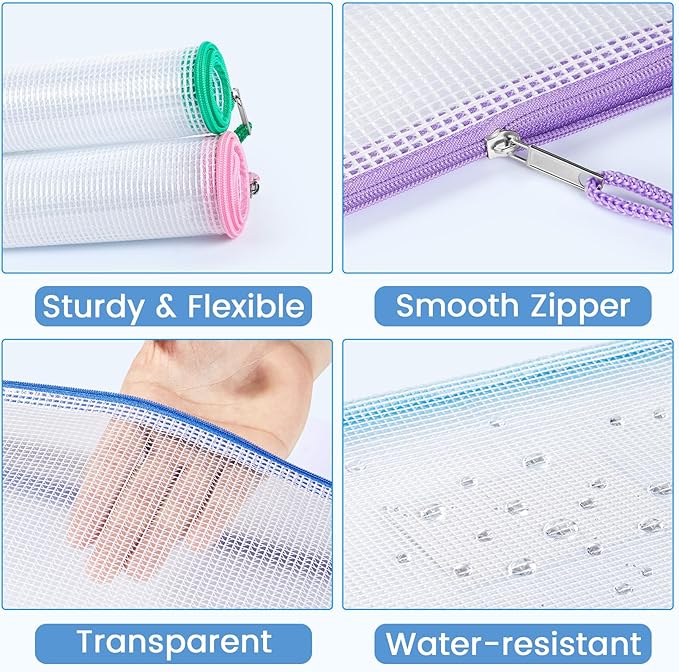 Sooez 32 Pack Mesh Zipper Pouch Bags, A4 Letter Size, Zipper Bags with Label Pocket, Waterproof Bag for Classroom Organizer, School Office Teacher Supplies, Storage Pouches for Board Game Toy Storage