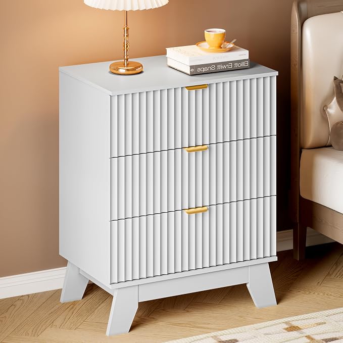 BORNOON Fluted 3 Drawer Dresser, 30.3" Tall Compact Modern Boho Chest of Drawers, Wooden Storage Cabinet for Bedroom, Living Room, Entryway, Curved Profile Design