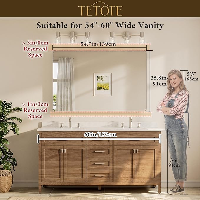TETOTE 55 x 36 inch Brushed Nickel Mirror for Bathroom Over Sink Metal Framed Mirror Modern Farmhouse for Living Room Entryway(Horizontal/Vertical)