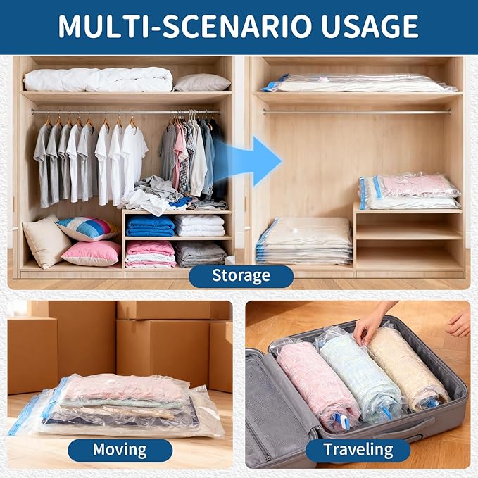 Vacuum Storage Bags with Electric Pump, 12 Pack (2 Roll-Up,3 Small,3 Medium,2 Large,2 Jumbo), Heavy Duty PA+PE Space Saver Bags for Clothes, Bedding, Home & Travel