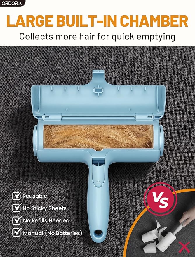 ORDORA Pet Hair Remover Roller, Reusable Lint Roller for Dog and Cat Hair | Portable Pet Hair Roller with Large Fur Bin for Couches, Bedding, Car, Rugs & Furniture, No Refills or Batteries, Pet Homes