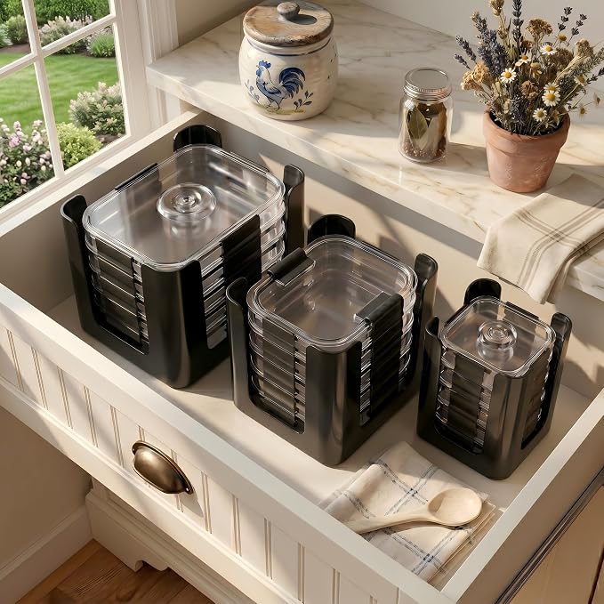 Black 3 Pack Food Container Lid Organizer for Rubbermaid Brilliance | Stackable Lid Holder for Kitchen Cabinet Storage & Pantry Organization, Fits 0.5, 1.3, 3.2, 4.7 Cup Lids, Holds 24 Lids