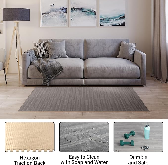 EVA Foam Floor Tiles 12-Pack - 48 SQFT Woodgrain Puzzle Mats for Floor - Interlocking Foam Tiles for Family Room or Gym Flooring by Stalwart (Gray)