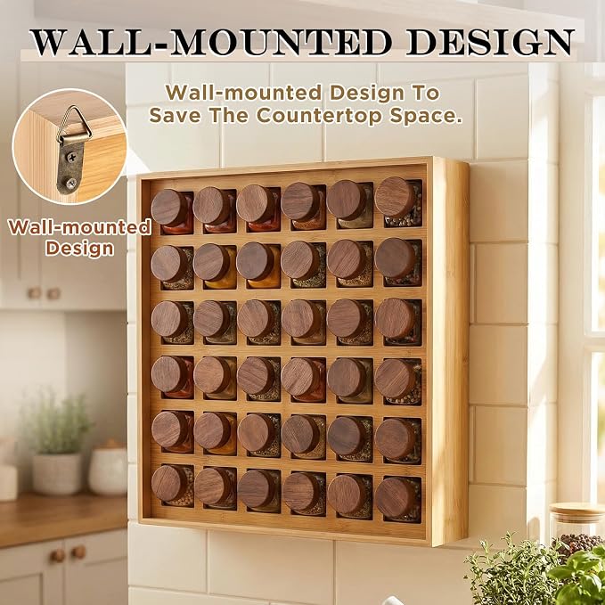 Novabright 36 Grids Bamboo Spice Rack Organizer, Wooden Spice Rack Wall Mount with Square Compartments, Wood Hanging Shelf for 4 oz Glass Jar Drawer Cabinet Kitchen Countertop Wall, Jars Not Included