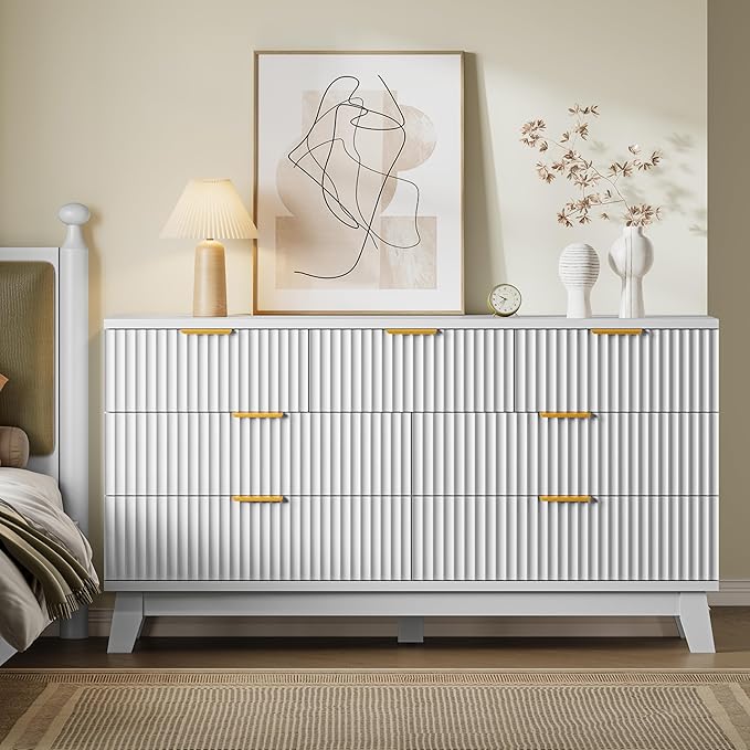 BORNOON Fluted 7 Drawer Dresser, 47.2" Wide Modern Boho Chest of Drawers, Wooden Storage Dresser TV Stand for Bedroom, Living Room, Closet, Hallway, Curved Profile Design
