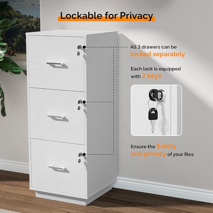 VINGLI 3 Drawer File Cabinet with Lock, Home Office Filing Organizer, for Letter Size File Folder Storage, Wood Tall Vertical Filing Cabinet, Printer Stand, Archivador (White)