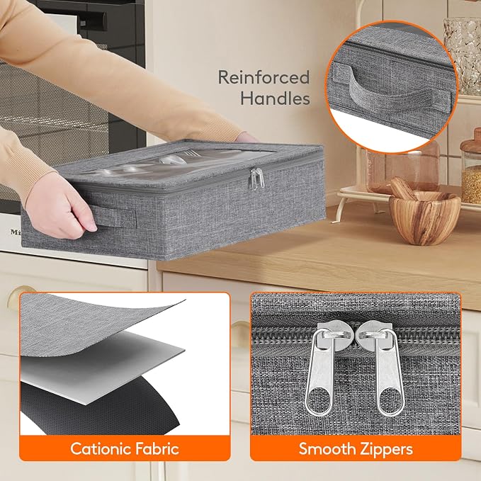 Lifewit Silverware Storage Box, Covered Flatware Organizer with Zipper Lid, 5 Compartment Cutlery Case with Adjustable Divider and Handle, Utensil Container for Spoon Fork Knives, 2 Pack, 27 -43cm