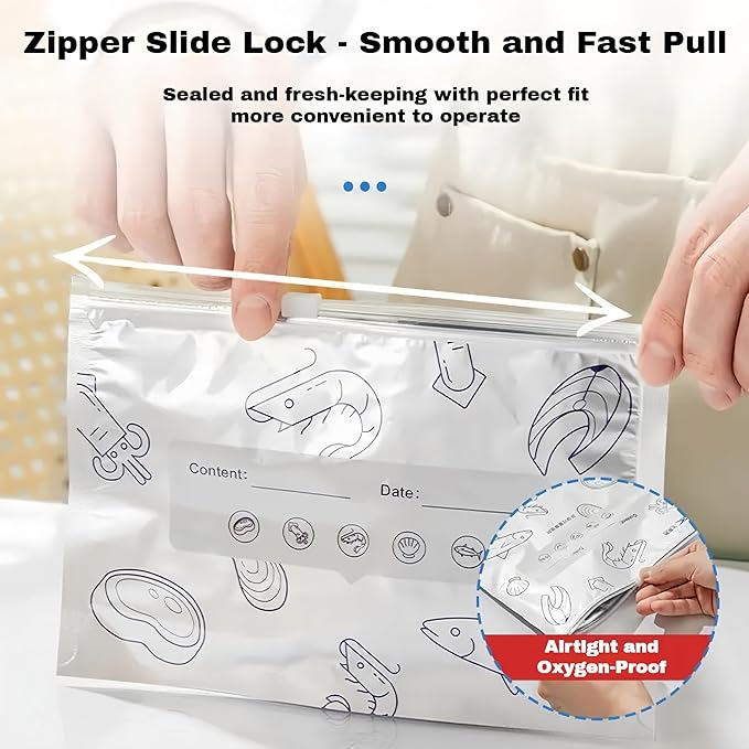 Reusable Aluminum Foil Sealable Storage Bags, 2026 New Resealable Stand Up Zipper Pouches with Label for Food Storage, Freezer Safe Leak Proof Foil Bags for Meat, Fruit, Vegetables (30 Large)