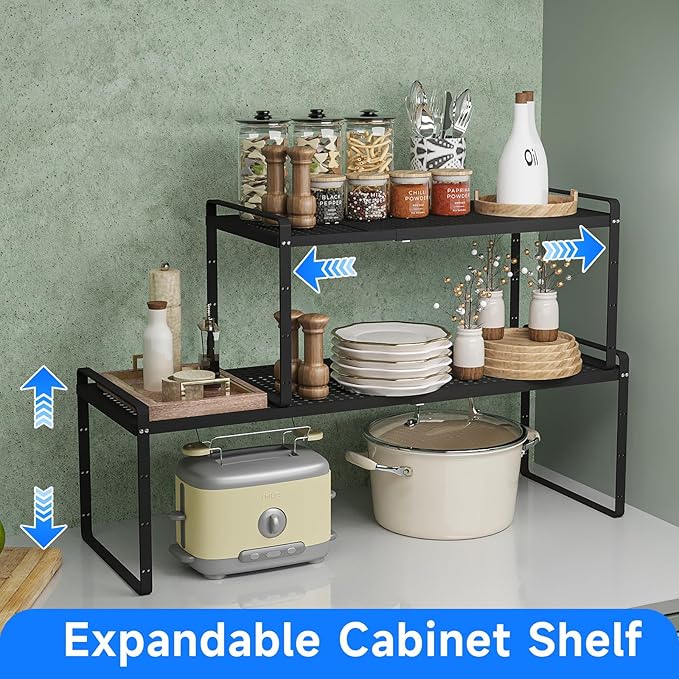 Expandable Kitchen Shelf Organizers, Kitchen Cabinet Organizer Stand Rack Organization for Countertop Cupborad Pantry Spice Rack, Black 1 Pack