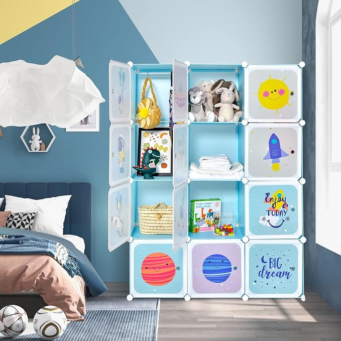 INFANS Children Wardrobe, Kid Closet Portable Baby Dresser Cute for Kids Bedroom Nursery Armoire with Doors 12 Cube 2 Hanging Sections, Kid Clothes Storage Organizer (Blue, 12 Cubes)